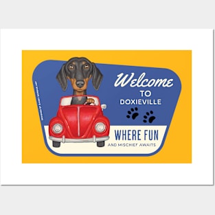 Cute Dachshund driving red car to Doxieville, USA Posters and Art